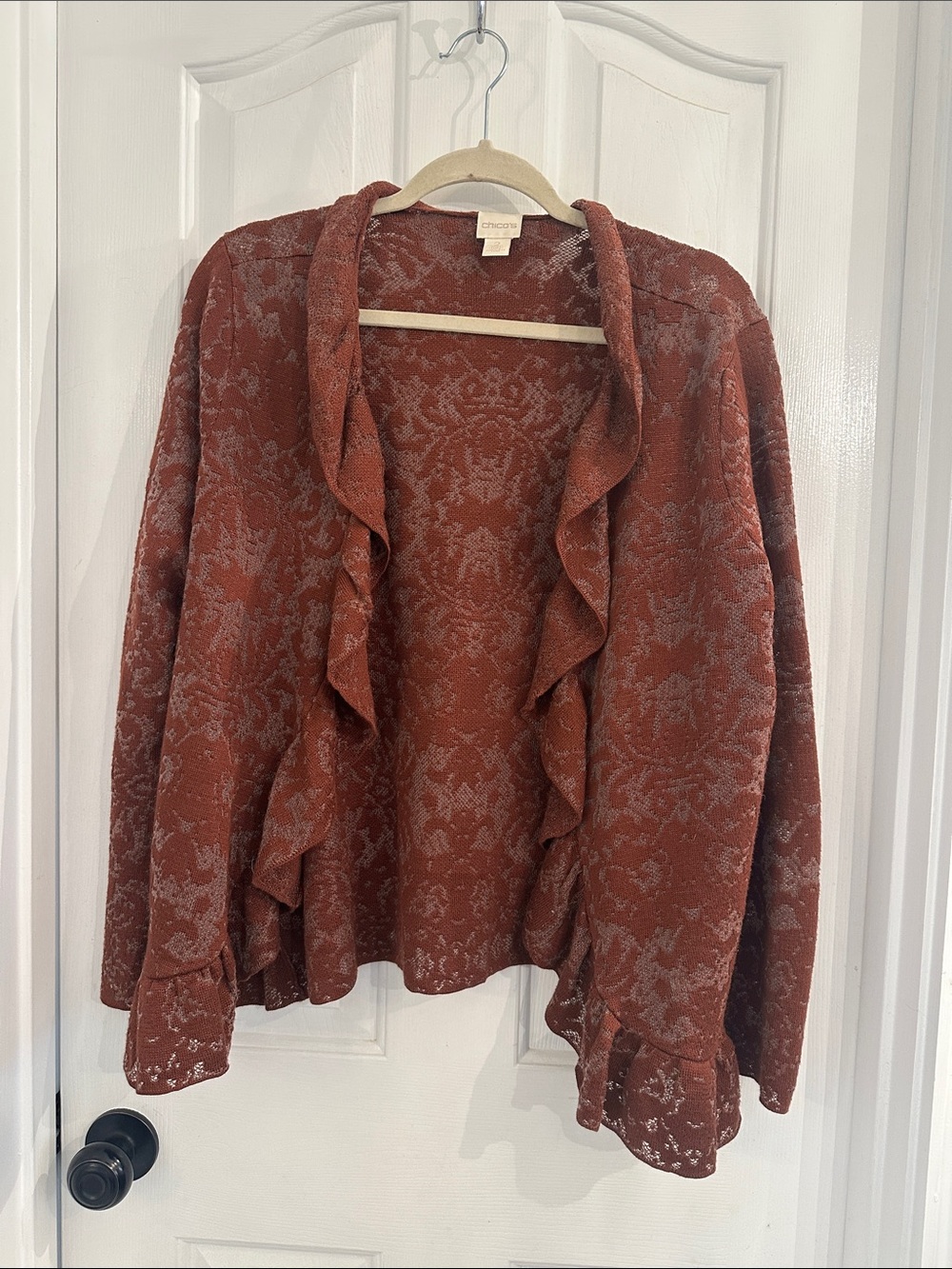 Chico's Open Front Ruffle Lace Cardigan Rust